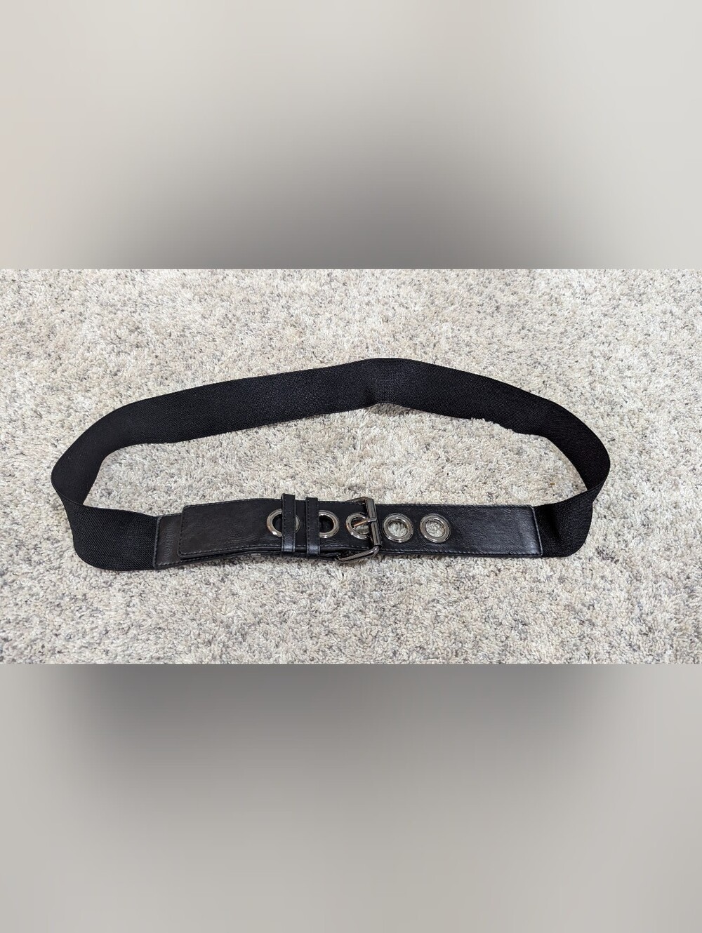 Alice + Olivia Black Elastic Belt with Leather Trim and Metal Details